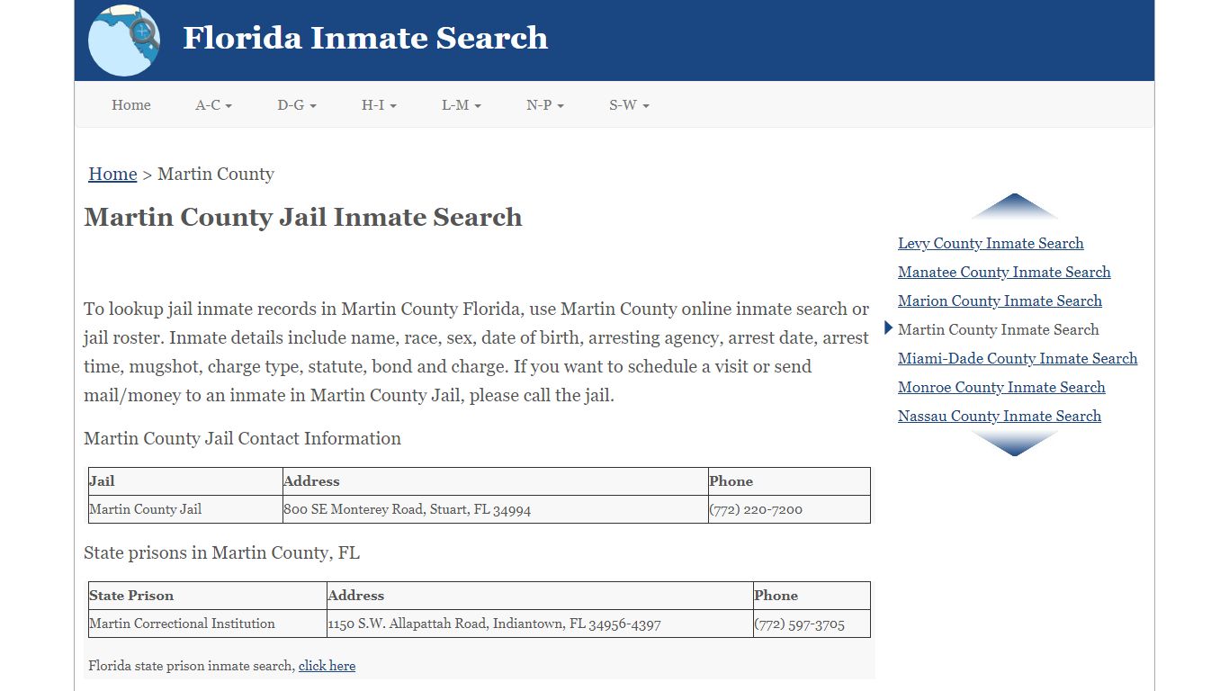 Martin County FL Jail Inmate Search